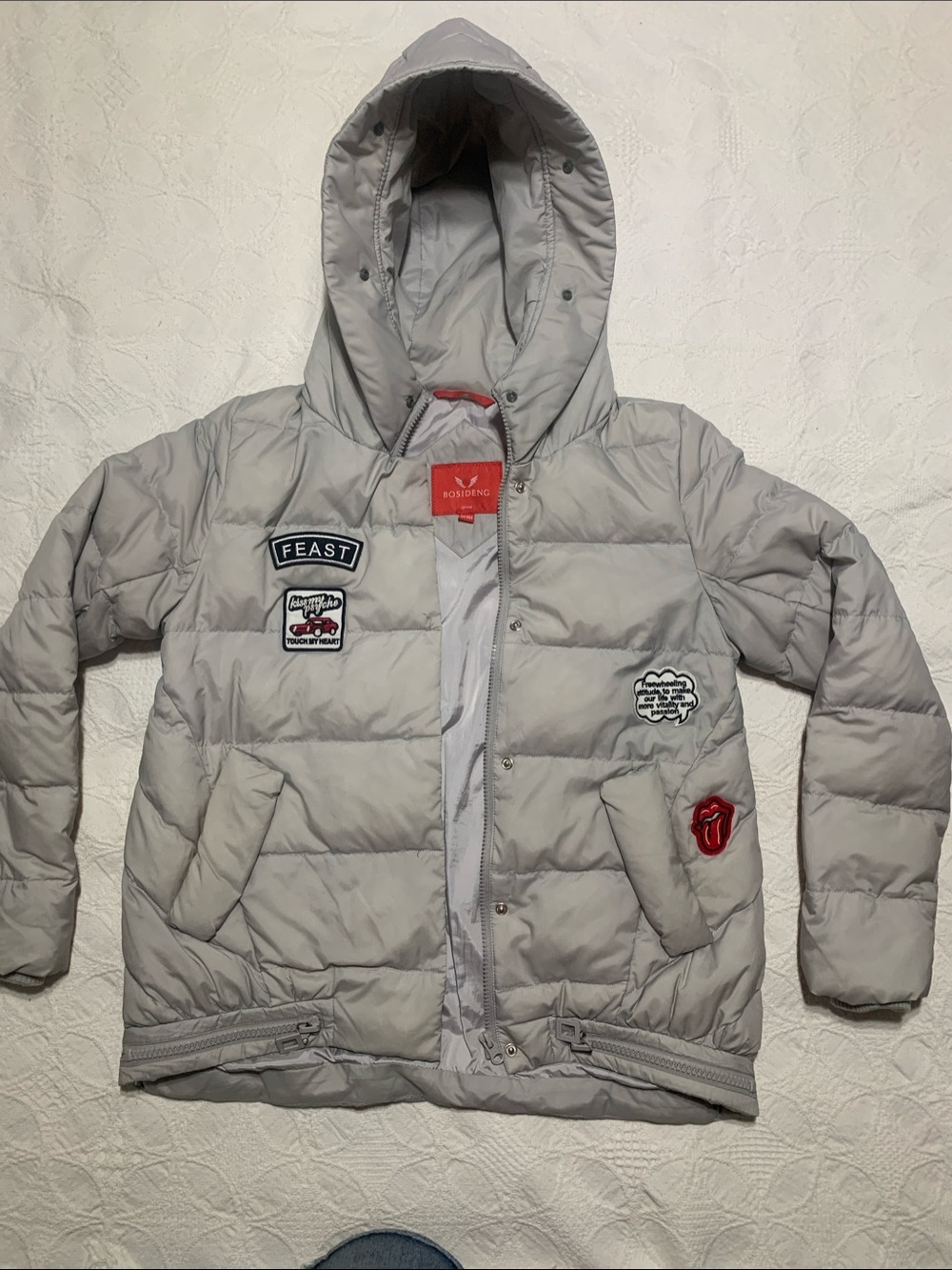 Bosideng Light Gray Hooded Puffer Jacket with Playful Patches